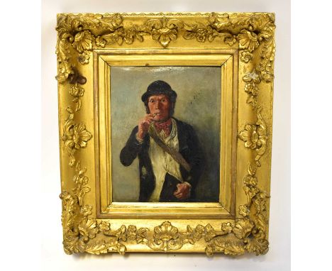 ATTRIBUTED TO ERSKINE NICOL (1825-1904); oil on canvas, half-length portrait of a man smoking a pipe, unsigned, 25.5 x 20cm, 