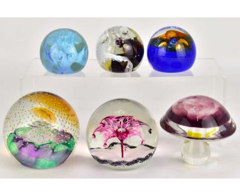 CAITHNESS, SCOTLAND; four art glass paperweights, largest approx. 7.5cm, smallest approx. 4.5cm, together with two Selkirk gl