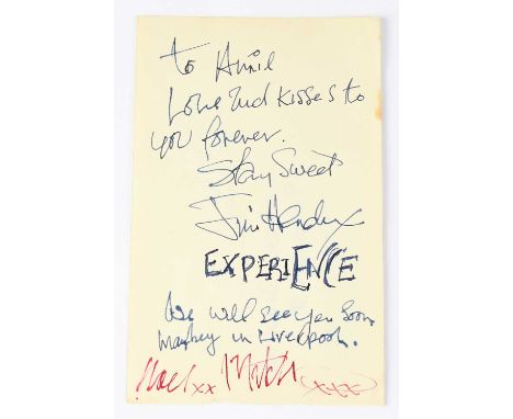 JIMI HENDRIX; a torn page from an autograph book signed and dedicated, 'To Annie Love and kisses to you forever stay sweet, J