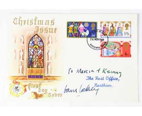 DAVID HOCKNEY; a Christmas themed first day cover signed and dedicated, 'To Marcia and Kenny, The Post Office Northam, David 