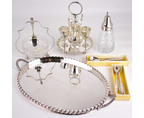 Various silver and silver plated items to include a boxed set of six Continental silver coffee spoons with wire work pattern 