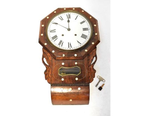A late 19th century mother of pearl inlaid rosewood wall clock of octagonal form, the enamelled dial set with Roman numerals,