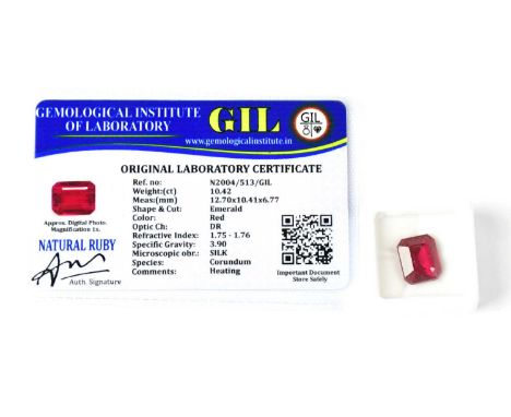 A loose 10.42 carat emerald-shaped ruby with GIL Laboratory Certificate.