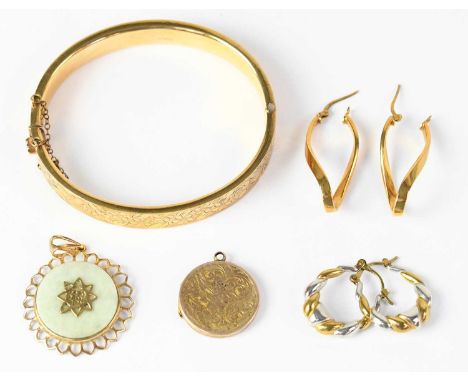 A 9ct yellow gold floral bangle, with safety chain, a pair of 9ct yellow gold twisted hoop earrings, a pair of two-tone 9ct w