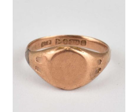 A 9ct rose gold signet ring with blank table, size L, approx. 3.2g.