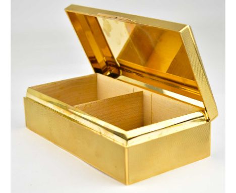 S J ROSE &amp; SON; an Elizabeth II 1960s 9ct gold cigarette box, engine turned decoration to the top and sides, chamfered li
