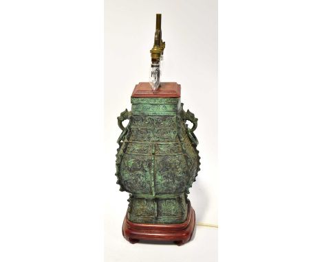 A contemporary Chine lamp modelled as an archaic vase, height including fitment 65cm.Condition Report: With shade finial atta