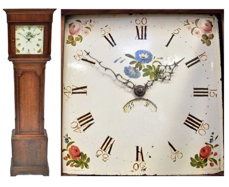 An 18th century oak longcase clock, the square floral painted dial set with Roman numerals and outer track, date aperture and