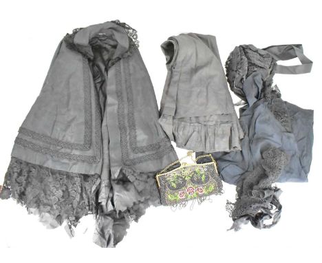 A Victorian set of 'widow's weeds', comprising bag, hat with ribbon, mantilla, cape, blouse and skirt, approx. size 12.