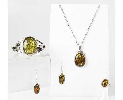 A group of Baltic amber jewellery, comprising a pendant in a 925 silver mount, on a sterling silver belcher chain, a pair of 