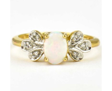 A 9ct gold dress ring, set with an opal flanked by white stone set floral shoulders, size N, approx. 2.5g.