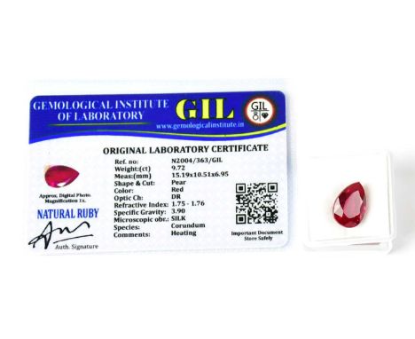 A loose 9.72 carat pear-shaped ruby with GIL Laboratory Certificate.