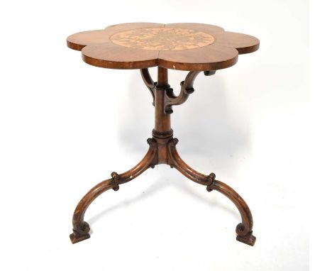 A Victorian mahogany inlaid occasional table with petal-shaped top, on carved column to tripod base, 61 x 56cm.