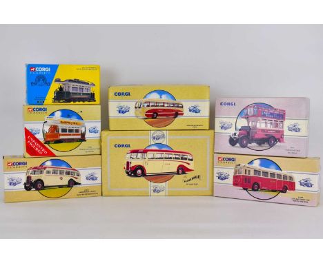 CORGI; seven boxed diecast scale model vehicles from the Classics range comprising 36901 'Blackpool Tram', 97365 'Double Deck