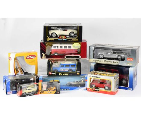 A quantity of various boxed scale model vehicles to include a Burago Porsche 911 S, a Road Signature 1:18 1962 Volkswagen Mic