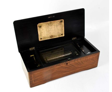 A 19th century inlaid rosewood music box, mechanism playing eight airs to include 'Auld Lang Syne', 'The Bluebells of Scotlan