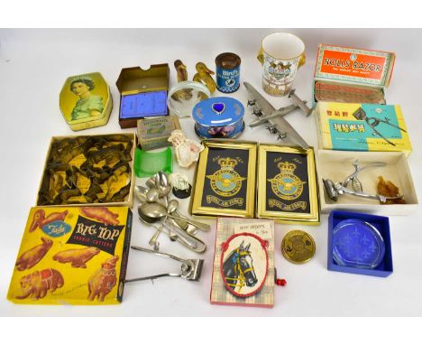 A collectors' lot to include boxed 'Big Top' cookie cutters, two framed RAF insignia, vintage 'Bird's Baking Powder' tin, pen