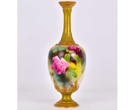 ROYAL WORCESTER; an early 20th century stem vase, the flared rim on thin neck to ovoid body to conical base, hand painted wit