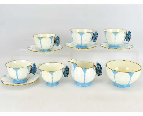 AYNSLEY, ENGLAND; an eleven-piece part tea service, pattern no.1322, moulded cabbage leaf design with butterfly handles, comp