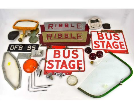 Two cast aluminium 'Ribble' bus signs, two printed steel 'Bus Stage' signs, white background with red lettering, and other va