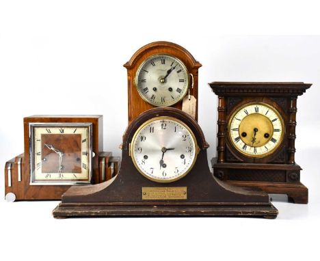 Four early/mid-20th century mantel clocks, including a walnut cased Art Deco example and a Napoleon hat example (4).Condition
