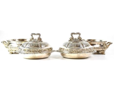 PAUL STORR; a pair of George III hallmarked silver ornate entrée dishes and covers with shell borders and engraved armorial c