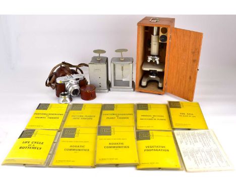 A vintage Opax 200X student microscope with lens, in wooden carry case, together with two Griffin Gold Leaf electroscopes, a 