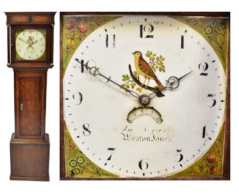 An 18th century oak longcase clock, the square painted dial with painted bird on branch, set with Arabic numerals and date ap