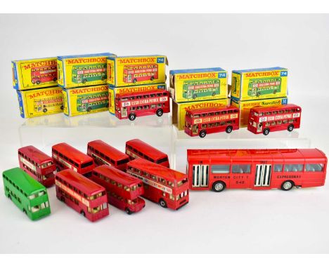 MATCHBOX; eleven boxed diecast buses to include, four no. 74 Esso Extra Petrol red buses, three red fronted boxes and one gre