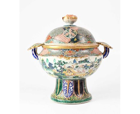 A Chinese Famille Verte porcelain koro and cover, domed top with a rose-form knop, painted with hatched and scroll panels, tw