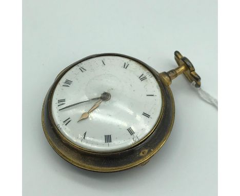 A Victorian fusee movement pocket watch fitted with an outer casing, Enamel face with gold hands, Engraved Newmarket No10052,