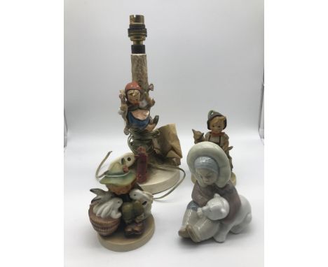 1936 Goebel Girl in tree and dog with slipper table lamp (Damaged) Goebel boy with rabbit figures, Goebel boy with goat figur