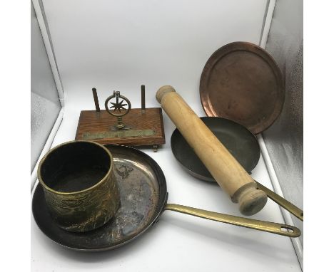 A Lot of vintage collectables which includes Arts and crafts brass pot, Two copper and brass pans, Rolling pin, Arts and craf