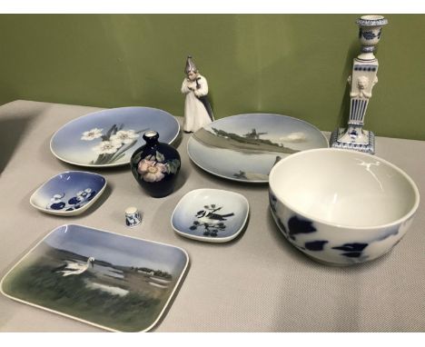 A lot of Royal Copenhagen to include plates, figurine, miniature vase, bowl, tray, &amp; candlestick together with a Danish t