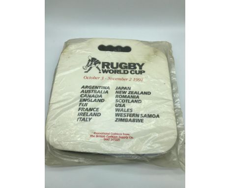 A Vintage Rugby world cup Promotional cushion, Dated October 3rd- November 2nd 1991, Still sealed in original bag. 