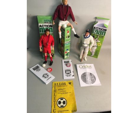 Three Sportsman Action Men Figures Boxed to include figure supporting the Liverpool Kit, an other wearing the West Ham Kit an