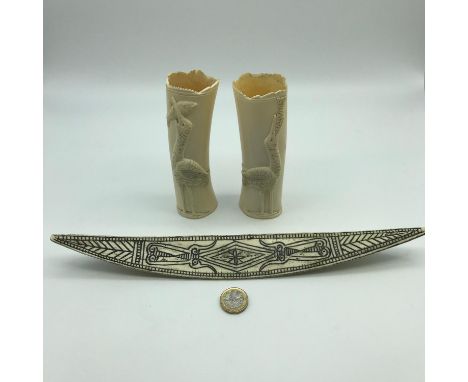 Ancient tribal bone carving, possibly Chinese in origin and possible oracle manuscript. Together with two Victorian ivory car