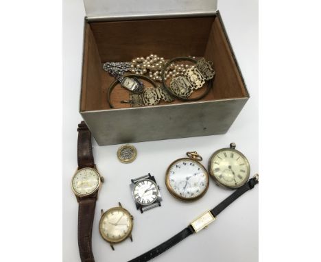 A Vintage box containing various costume jewellery, Vintage watches and pocket watches, Ingersoll Triumph watch, Presta Tempu