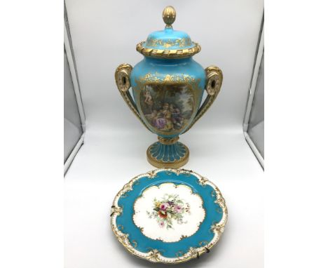 A Large Antique decorated French Serves style porcelain double handle urn vase/ vessel lidded pot. Together with a matching s