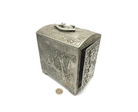 An Antique Silver plated Chinese wine tea caddy fitted with 3 wooden drawers, Beautifully designed showing various birds and 