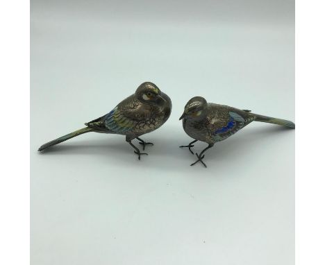 A Pair of 19th century Japanese Meiji Period solid silver &amp; enamel bird models, Beautifully designed and painted with ena