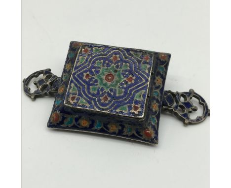 An Antique Possible Russian silver and enamel painted amulet box, styled with fully movable handles 