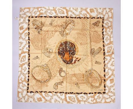 100% silk85 x 85 mThe scarf featuring a central panther head surrounded by jewel-like designs, likely inspired by Cartier’s i
