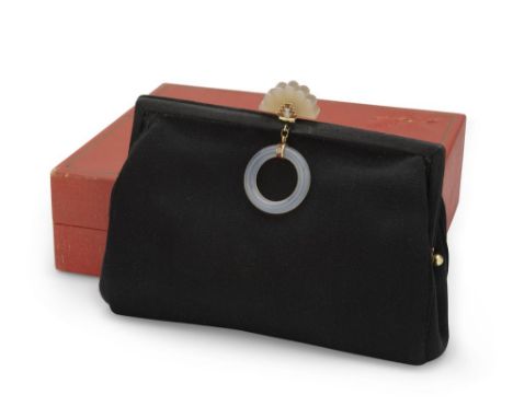 Rectangular black silk clutch bag with semi-circular Art Deco Oriental agate clasp applied recto verso with a stepped gold Mo