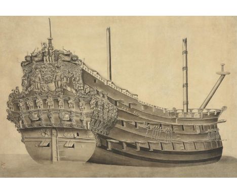
	
		DUTCH SCHOOL (18TH CENTURY)
		STUDY OF A GALLEON 
		Watercolour, ink and wash 
		Inscribed with the numbers 127 to the l