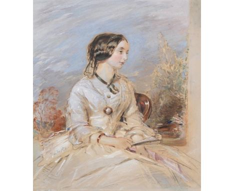 
	
		GEORGE RICHMOND (BRITISH 1809-1896)
		HALF-LENGTH PORTRAIT OF A SEATED LADY, HOLDING A FAN
		Pencil, watercolour and bod