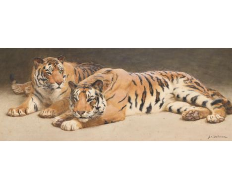 
	
		JOHN CHARLES DOLLMAN (BRITISH 1851-1934)
		TWO TIGERS
		Watercolour
		Signed (lower right)
		25 x 61.5cm (9¾ x 24 in.)
	
