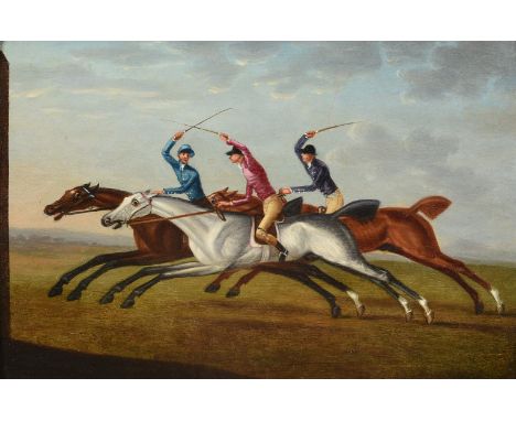 
	
		FOLLOWER OF JOHN NOST SARTORIUS
		THREE RACEHORSES ON THE DOWNS
		Oil on panel
		Indistinctly inscribed (on the reverse)
