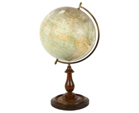 An early 20th century Bacon's Excelsior 12" globe, on a stained beech stand, H57cmThere is a visible crack in the globe which