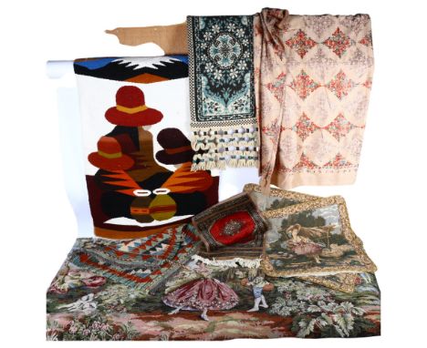 A French tapestry, 170x67cm, and an embroidered wool shawl, 227x104cm, three tapestry cushion covers, a Kilim mat and 2 other